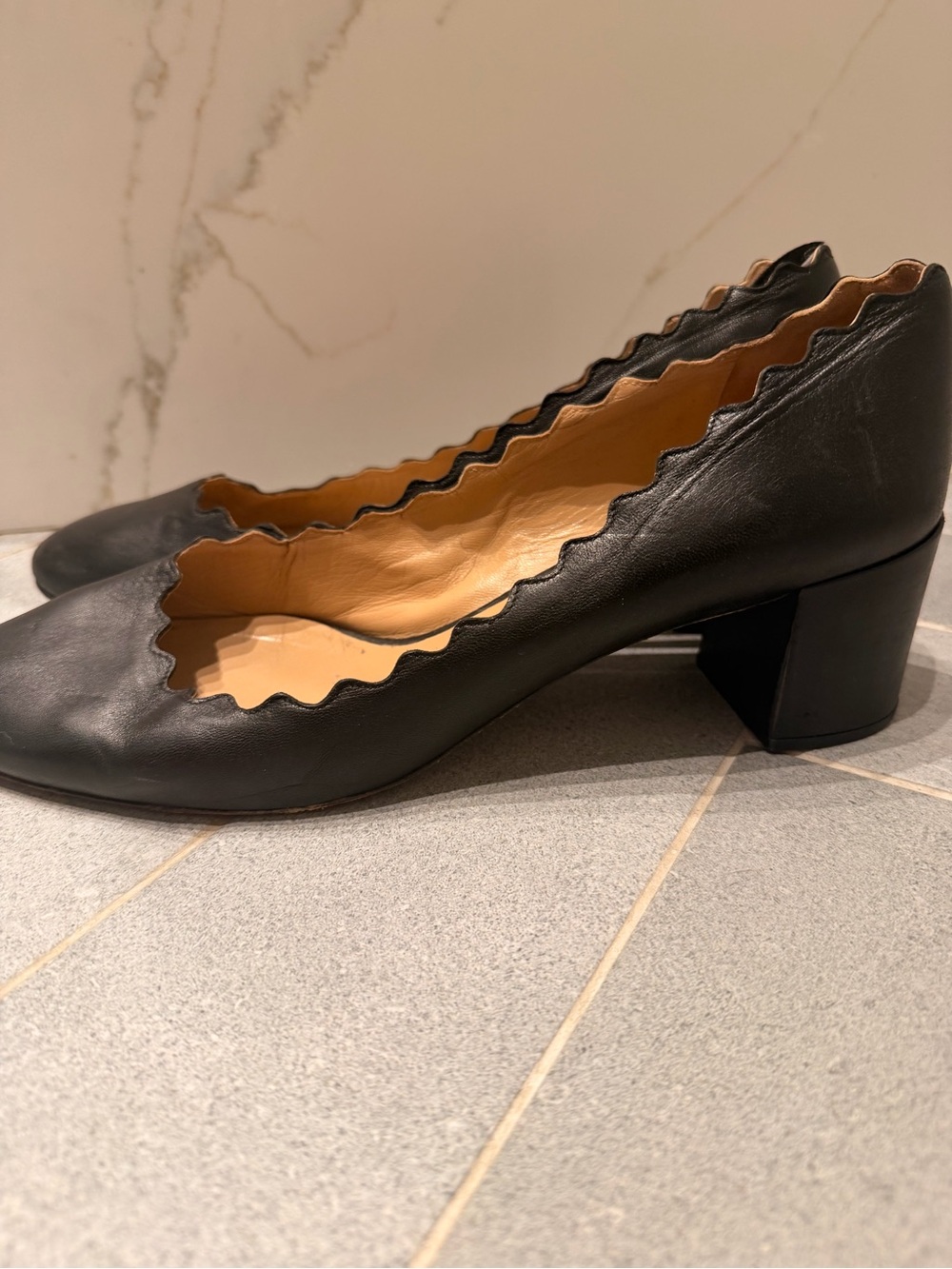 Chloe Black Scalloped Leather Block Heel Pumps EU 42